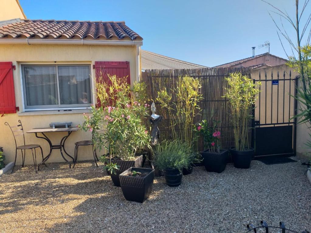 a garden with potted plants in front of a fence at Lou Bagnou Mi-Clos in Bagnols-sur-Cèze