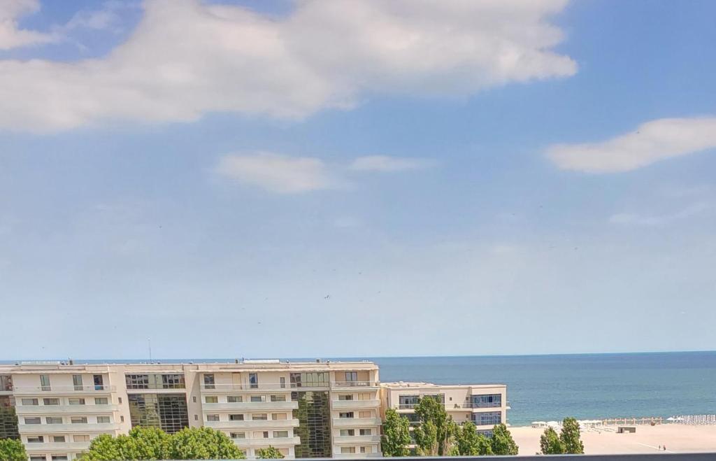 a view of the beach and the ocean from a building at Penthouse Blue Boutique Magic View in Mamaia