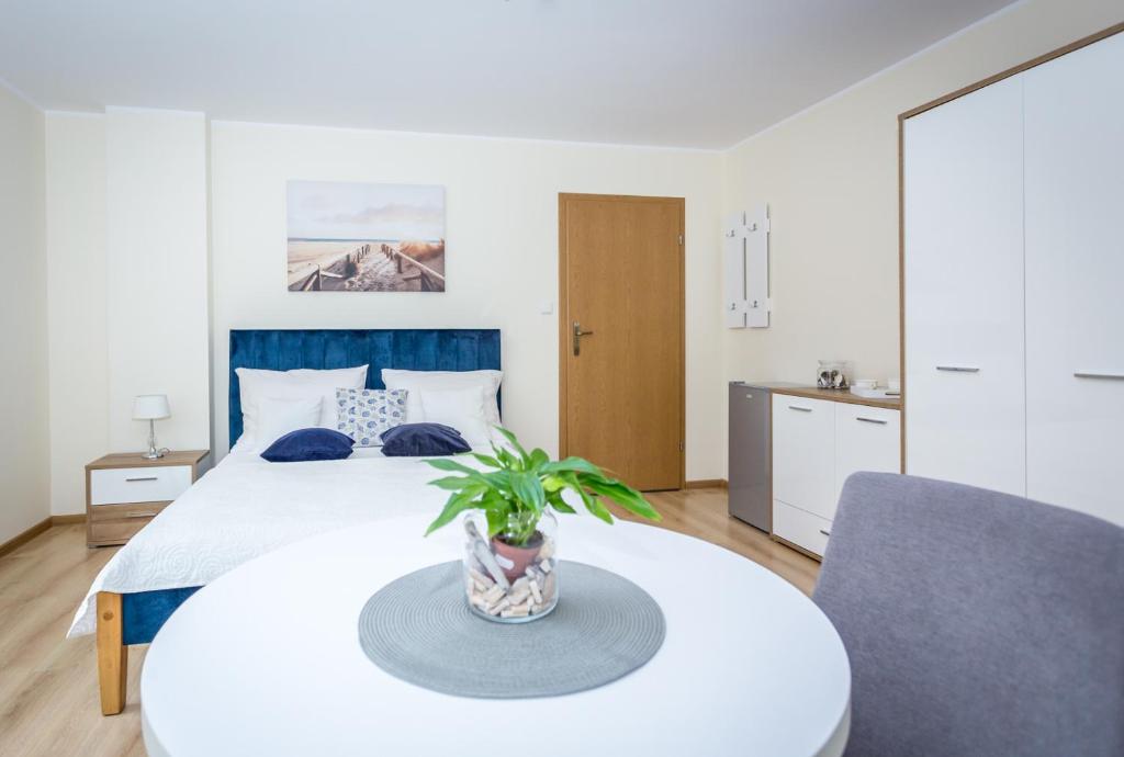 ブワディスワボボにあるWilla Krystynaのベッドルーム1室(ベッド1台、植物のあるテーブル付)