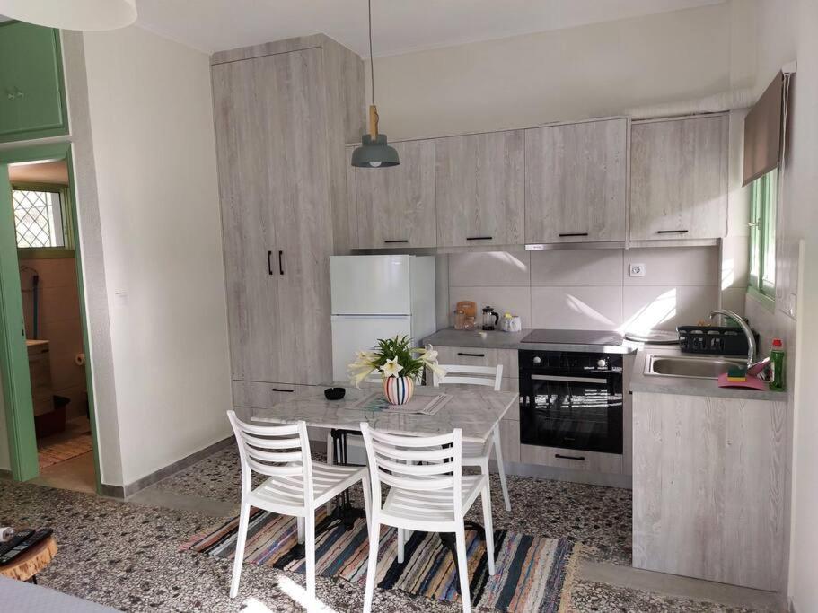 uma cozinha com uma mesa e cadeiras numa cozinha em Vιtamin Sea apartment 8, Απολαυστική διαμονή στον Αλμυροπόταμο! em Almiropotamos