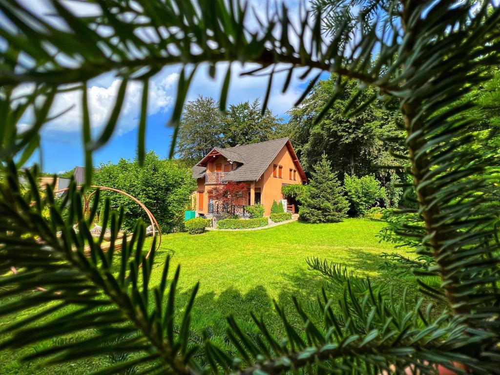 a house on a grassy yard with a tree at De La Villa Brezovice in Brezovicë