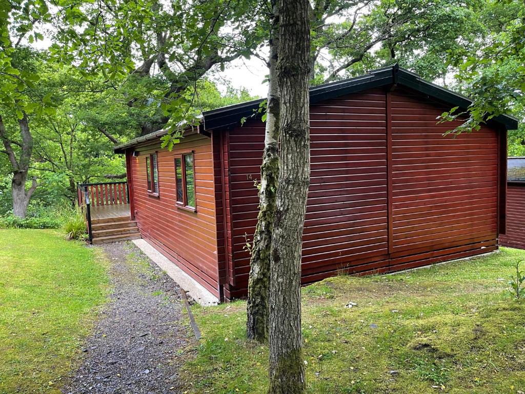 eine rote Hütte mit einem Baum im Gras in der Unterkunft L14 - Riverside Penrhyn Lodge in Bethesda