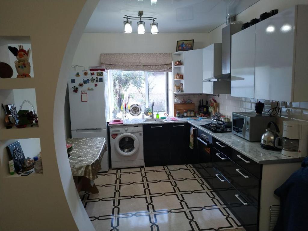 a small kitchen with a washing machine in it at EcoVilla in Huluboaia