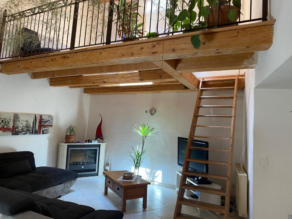 サレルヌにあるMaison de Village aux portes du verdonの木製の階段(植物付)のあるリビングルーム