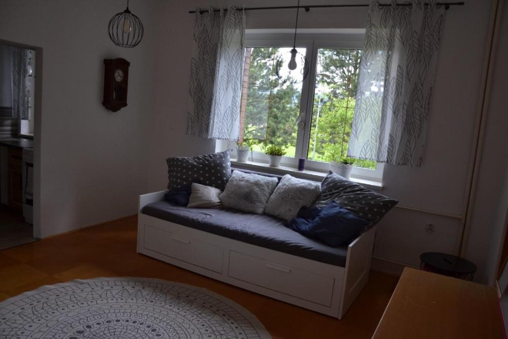 a couch sitting in a living room with a window at Apartmán pod Kosířem in Lutín