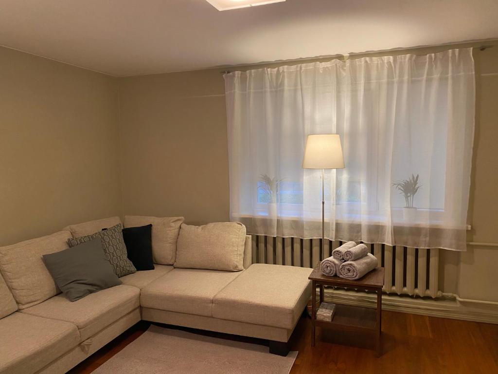 a living room with a couch and a window at Studio apartment Ogre in Ogre