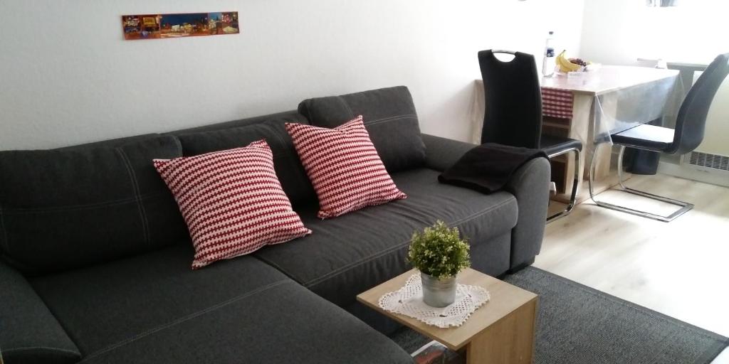 a living room with a black couch with red and white pillows at Ferienhaus Mosel/Trittenheim in Trittenheim