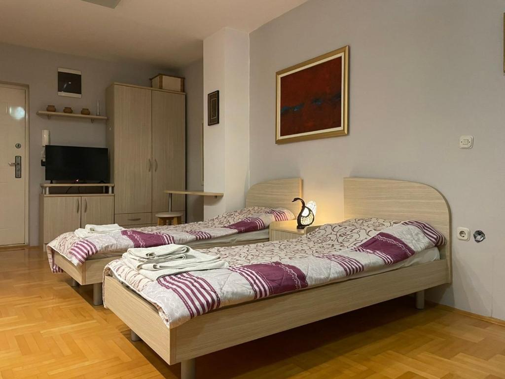 two beds sitting in a room with a tv at Apartment GORDANA in Ohrid