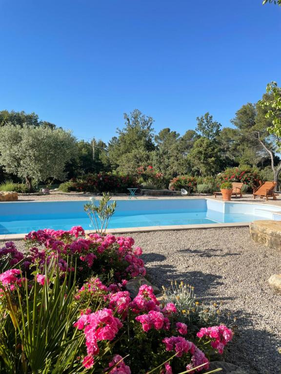 einen Garten mit rosa Blumen und einem Pool in der Unterkunft villa Peylon in Flayosc