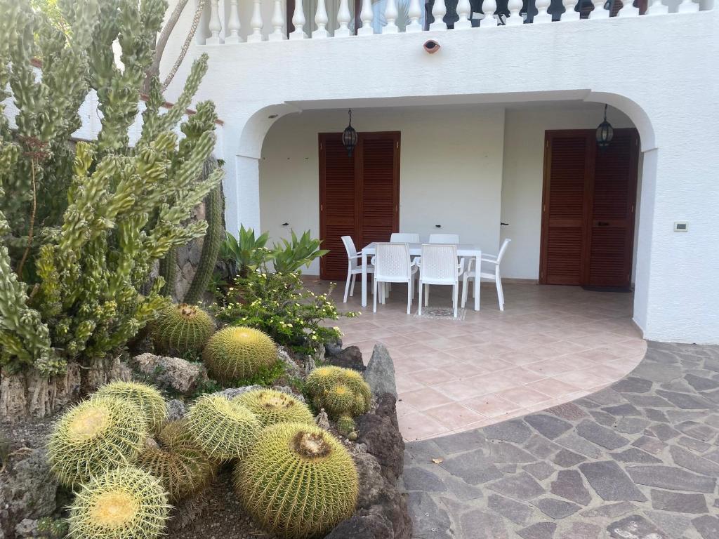 a patio with a table and chairs and cactuses at Casa Giardino in Ischia