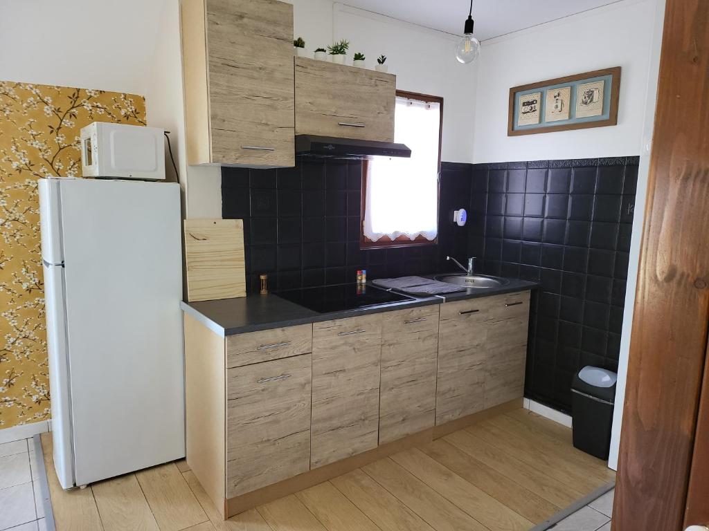 a kitchen with wooden cabinets and a white refrigerator at rêvedelac meublé tout confort in Brêmes