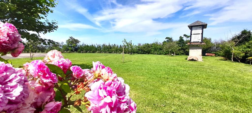 un arbusto de flores rosas en un campo con una torre luminosa en Apartamento Rural Playa Foz - VISTAS AL MAR, en Foz