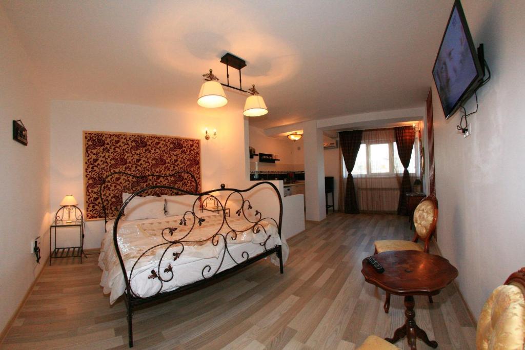 um quarto com uma cama e uma sala de estar em Studio Clasic em Galaţi
