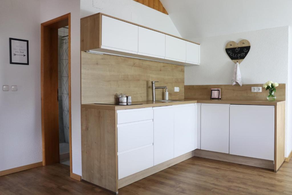 Kuchyň nebo kuchyňský kout v ubytování Lusht'n apartma