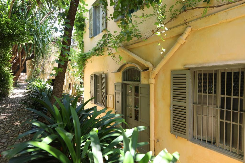 a yellow house with green shuttered windows and plants at Mimi Calpe in Tangier
