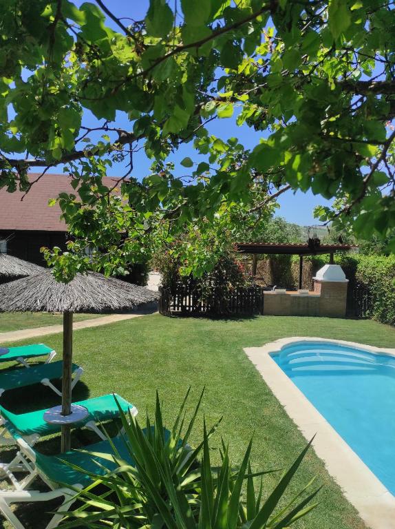 un cortile con sedie e ombrellone e una piscina di Casa Rural Las Bodegas a Setenil