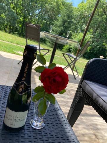 butelkę wina i kwiat w wazie na stole w obiekcie Gîte des Combes Blanches avec piscine et jacuzzi w mieście Frayssinet-le-Gélat