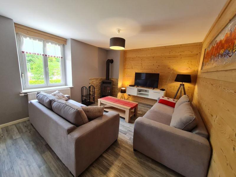 uma sala de estar com dois sofás e uma televisão em Appartement les champis em La Bresse