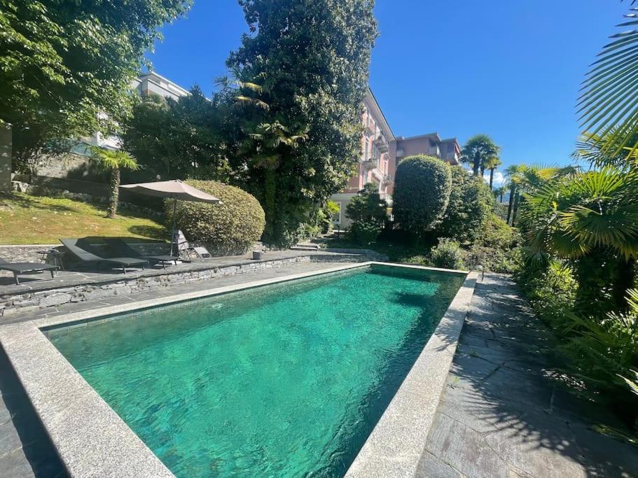 a swimming pool with green water in a yard at Villa Magnolia - Boutique Superior Rooms in Locarno