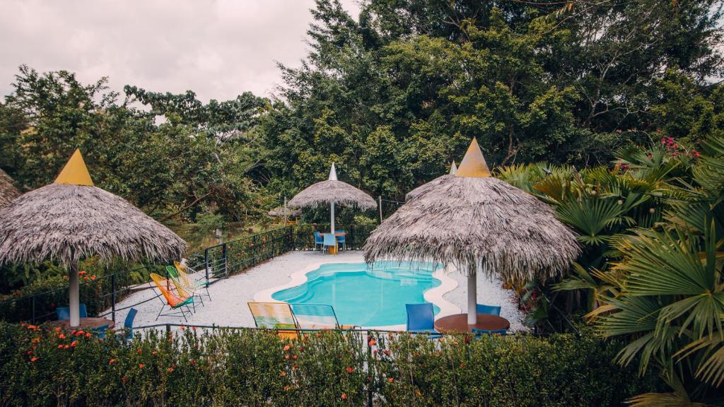 DoradalにあるMakenke Hostel By Los Colores Ecoparqueの藁製のパラソル2本とスイミングプール1つが備わるスイミングプールを利用できます。