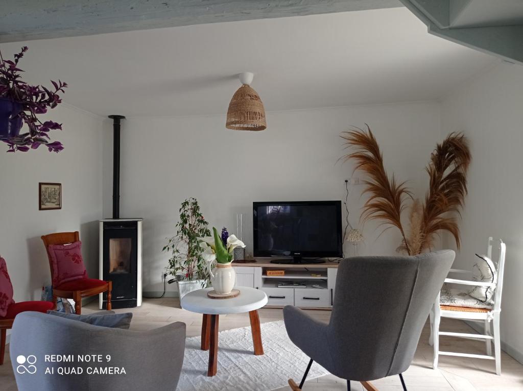 salon z telewizorem, krzesłami i stołem w obiekcie Gîte du roy w mieście Marais-Vernier