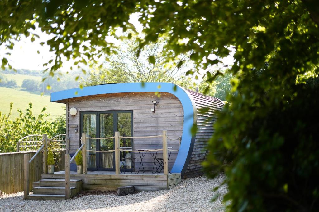 比尔Escape Pod in Devon, 5 mins from beach + parking的蓝色屋顶和楼梯的小棚子