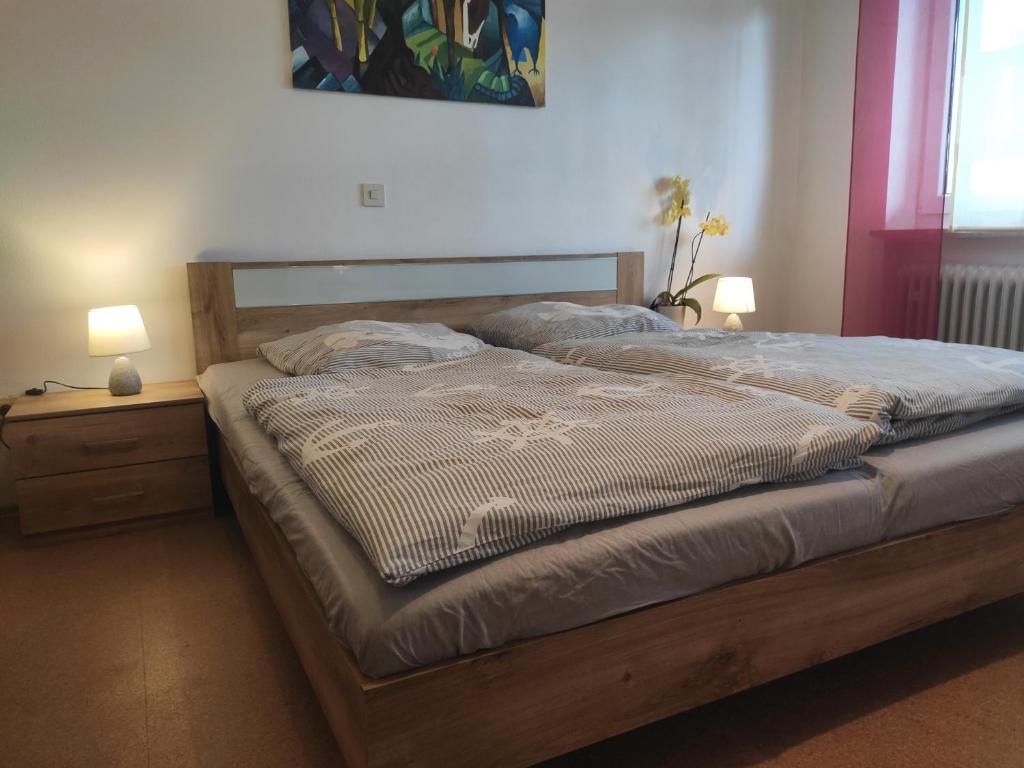 ein großes Bett in einem Schlafzimmer mit zwei Lampen in der Unterkunft Emyda' s Tropical Home at Goldsteig trail in Wiesau