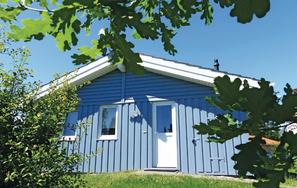een blauwe schuur met een witte deur en een raam bij Strandpark 12 in Schönhagen