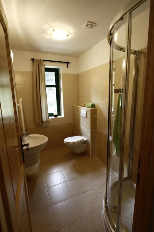 łazienka z toaletą, umywalką i prysznicem w obiekcie Janova Bouda w mieście Dolni Dvur