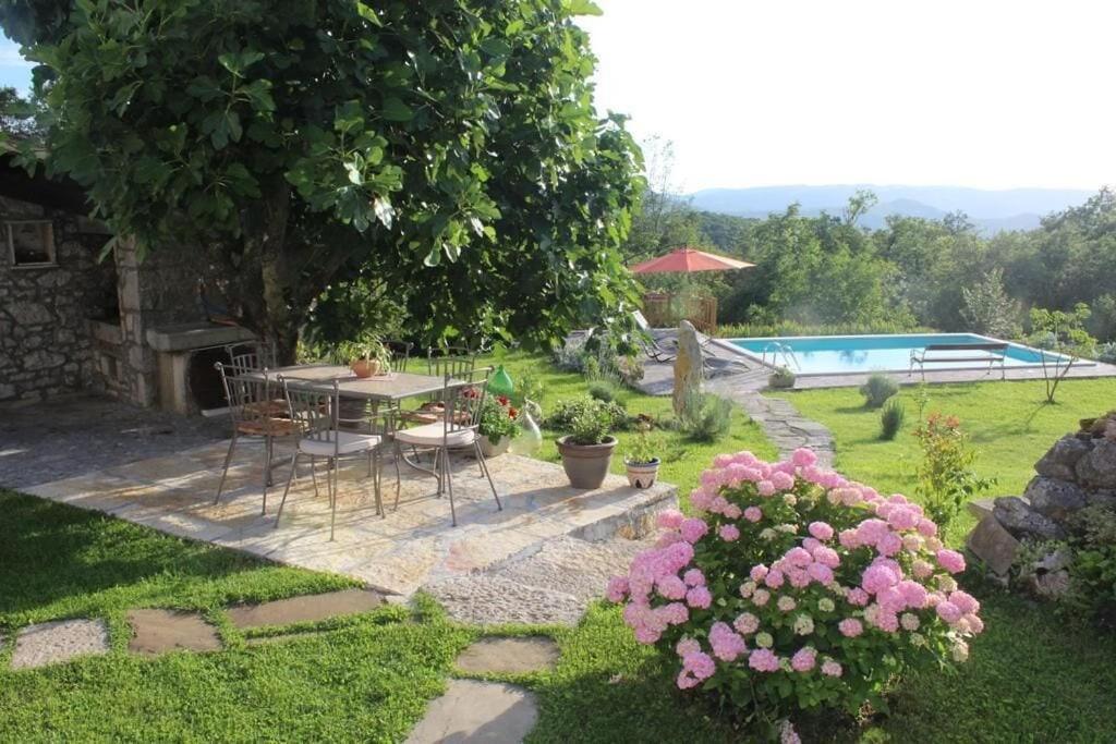 a garden with a table and chairs and a pool at Holiday Home Villa Mavrici in Buzet