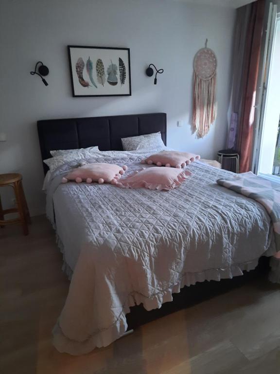 1 dormitorio con 1 cama grande con almohadas rosas en Apartament Jak w Domu en Zamość