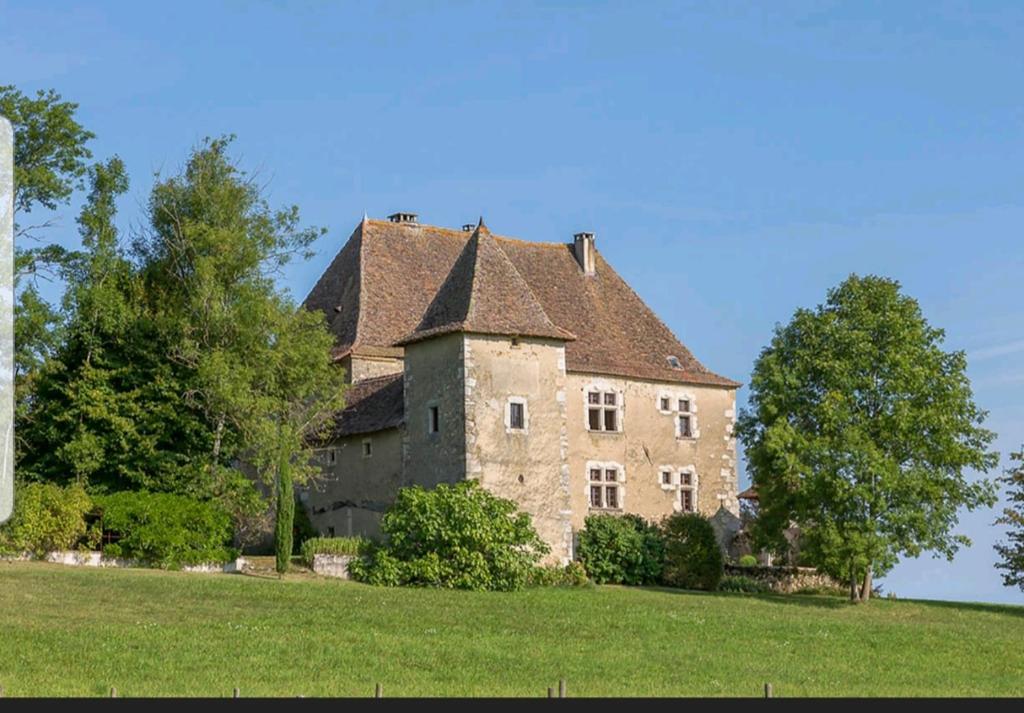 un grand bâtiment en pierre avec un toit sur un champ dans l'établissement Château beyrin, 