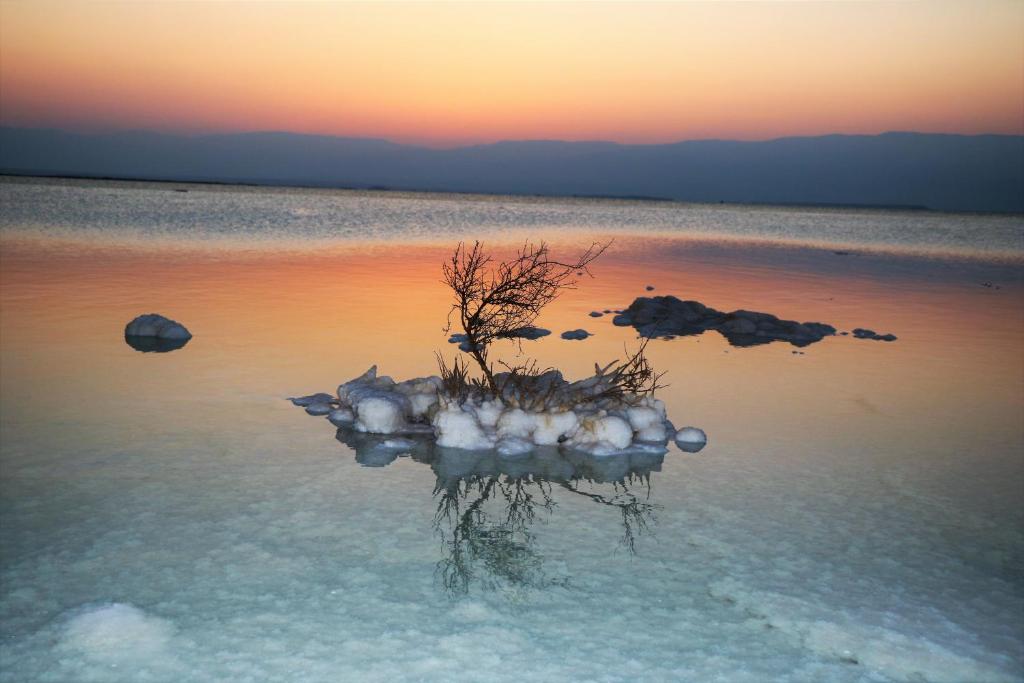 una pequeña isla en el agua al atardecer en במיוחד בשבילך צימר ערד, en Arad