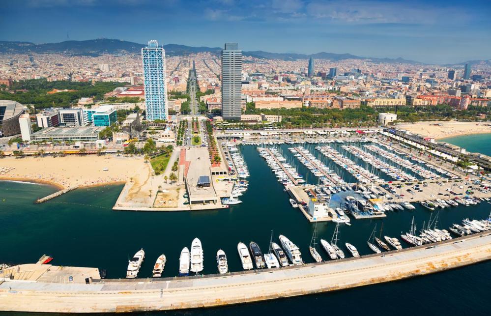 una vista aérea de un puerto deportivo con barcos atracados en Swan, en Barcelona
