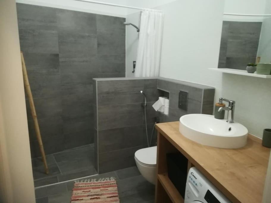 a bathroom with a shower and a sink and a toilet at Lovely apartment in the city center in Pula