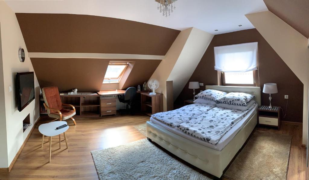 a bedroom with a bed and a desk at Apartament Podczerwone in Czarny Dunajec