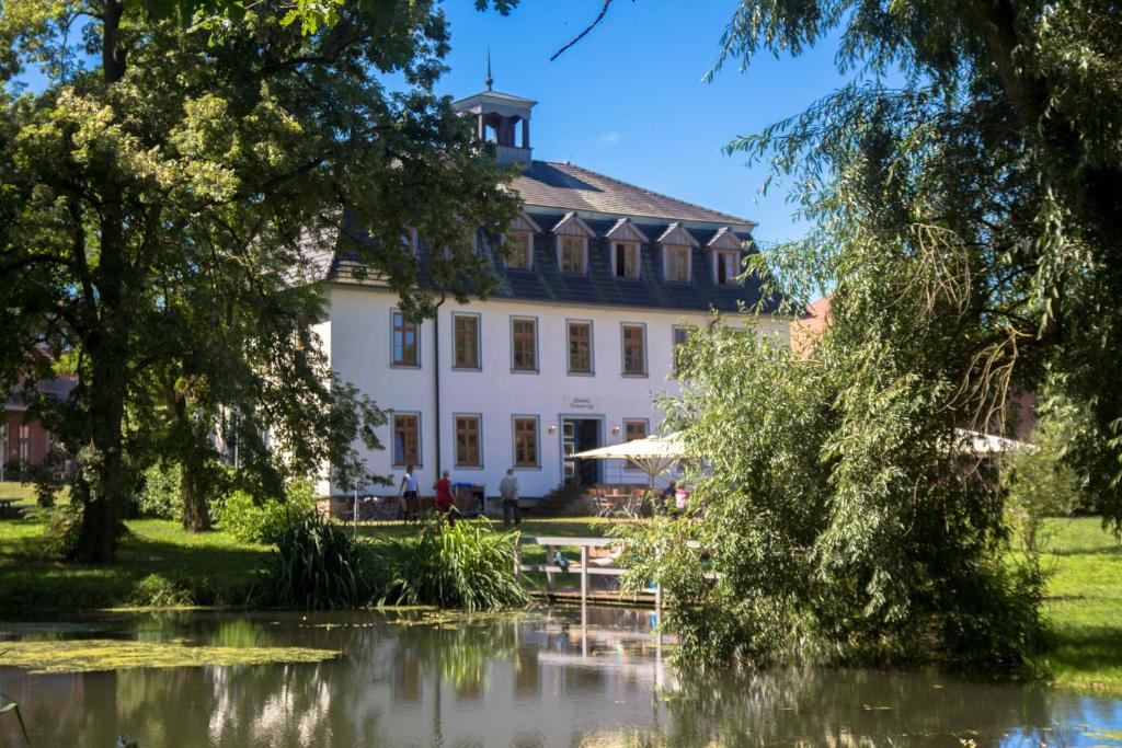 a large white house with a pond in front of it at Biohotel Stiftsgut Wilhelmsglücksbrunn in Creuzburg