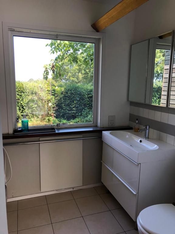 een badkamer met een witte wastafel en een raam bij Wood Place in Diss
