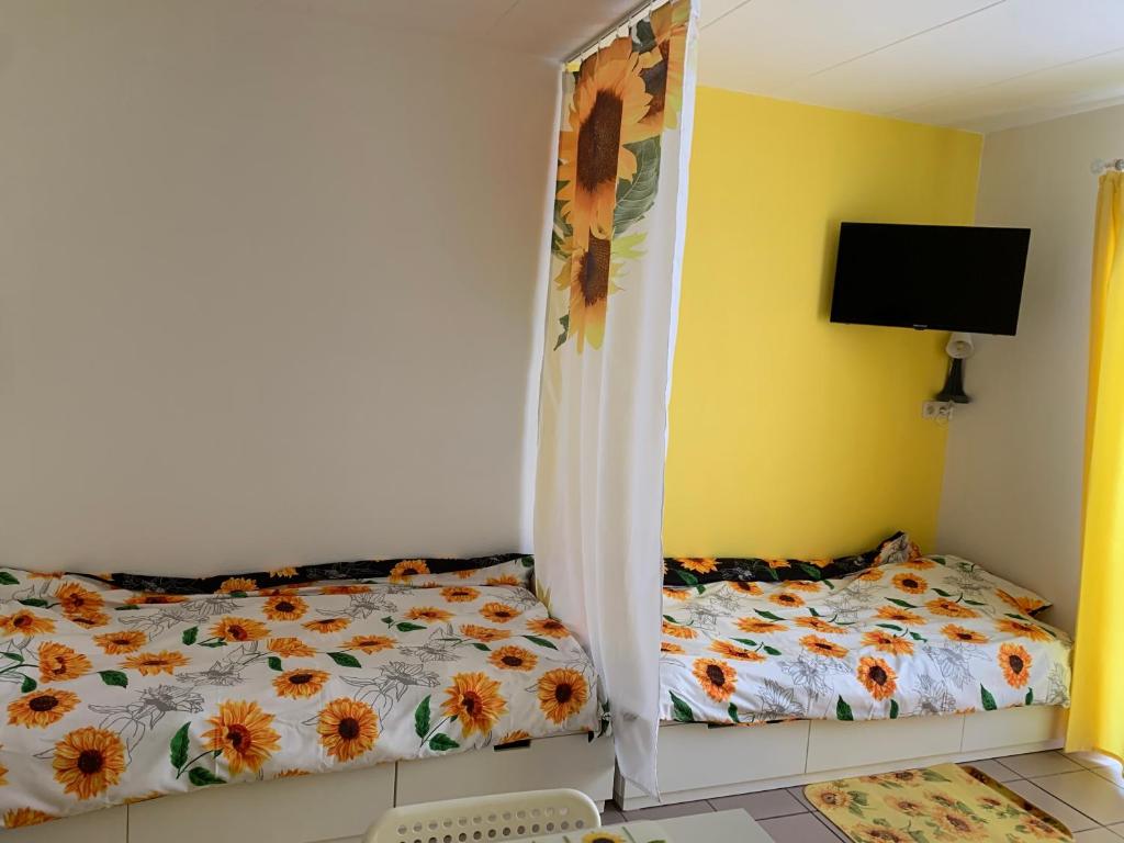 a bedroom with two beds and a tv on the wall at Carpe Diem in Jumet
