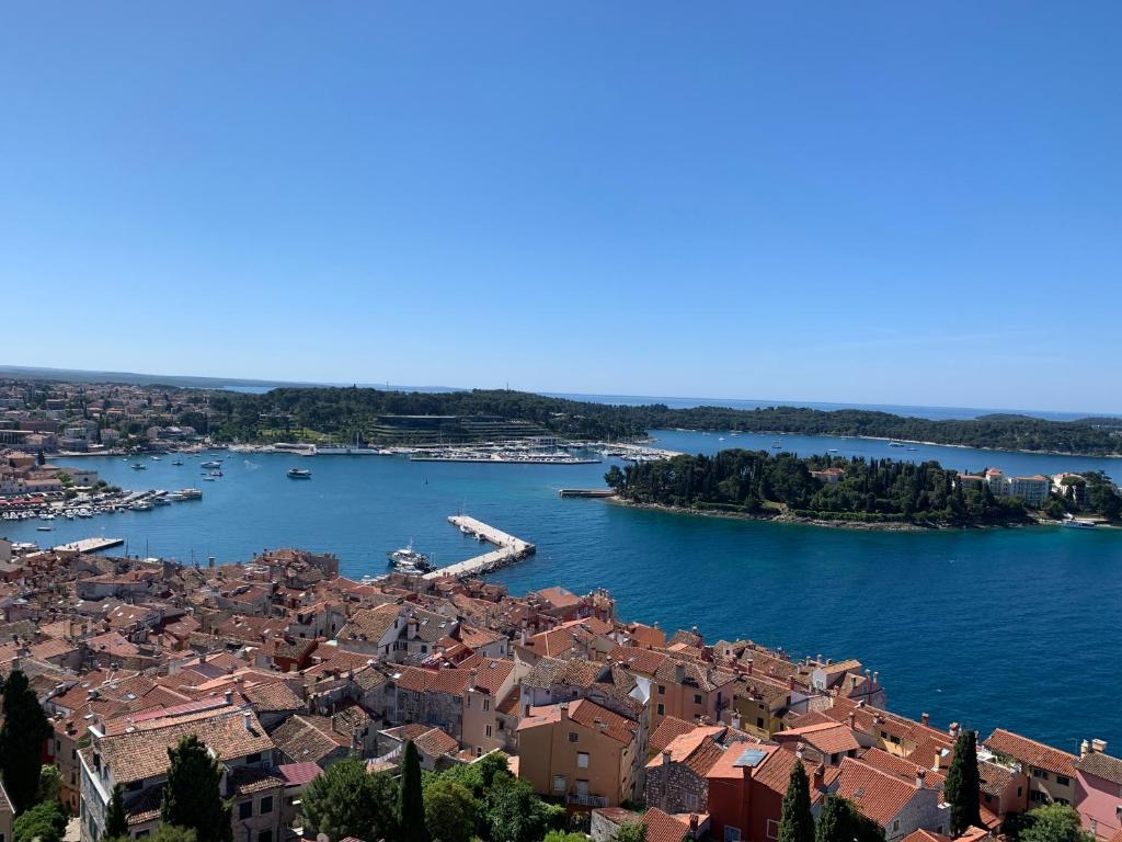 an aerial view of a city and a harbor at Guest House Jadro in Rovinj