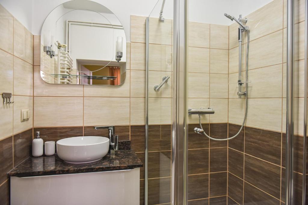 a bathroom with a sink and a glass shower at APARTAMENT PLAC KATEDRALNY in Tarnów