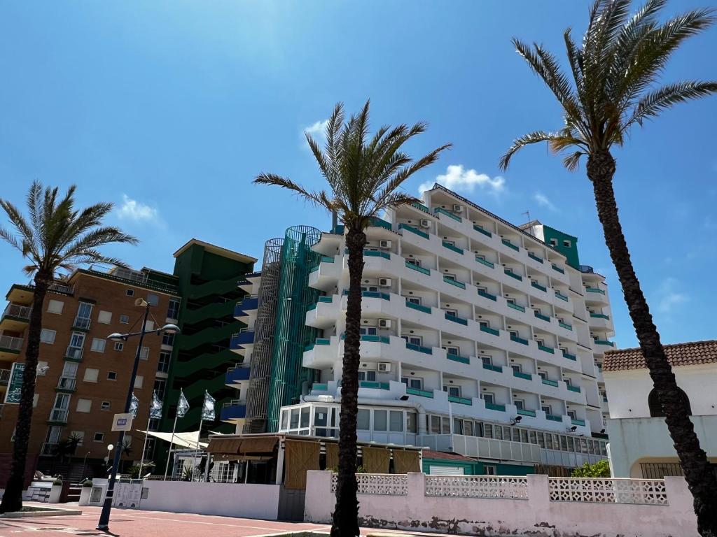 a hotel with palm trees in front of it at Hotel Hey Peñíscola in Peñíscola