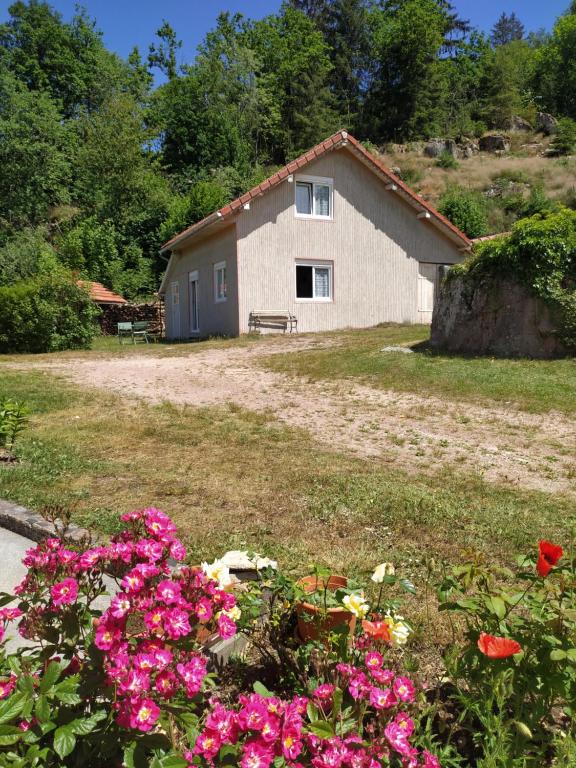 dom z różowymi kwiatami przed nim w obiekcie Au garni w mieście Thiéfosse