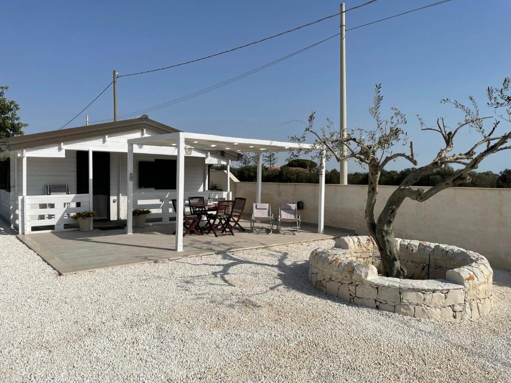 a house with a patio with a tree in a pot at Casetta Arùci Marzamemi Holidays in Marzamemi