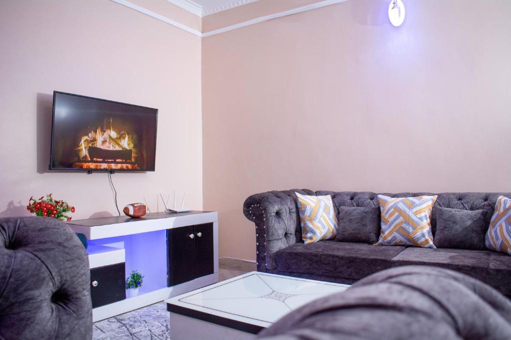 a living room with two couches and a fireplace at 1 BR FULLY FURNISHED NAKA in Nakuru