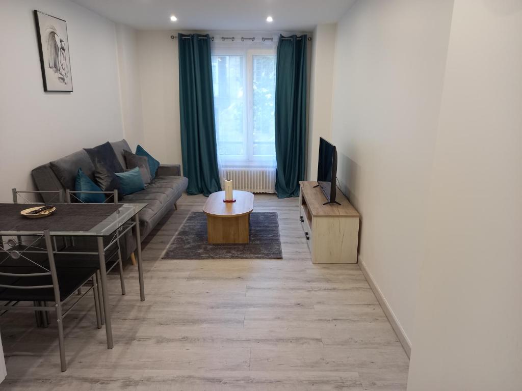 a living room with a couch and a table at Appartement Standing Cœur d'Annecy in Annecy