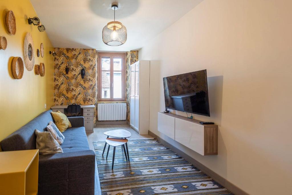a living room with a blue couch and a tv at Reflet des Alpes Furnished flat in Annecy