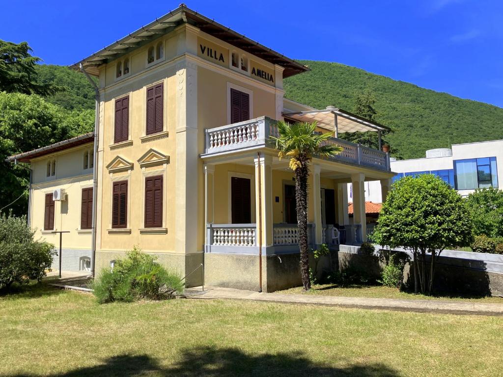 a house with a palm tree in front of it at Apartman Villa Amelia in Mošćenička Draga