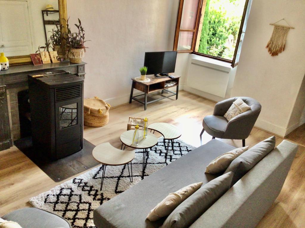 a living room with a couch and a fireplace at Le vigneron Au coeur des vignes à proximité des lacs et cascades lits faits à l'arrivée in Passenans