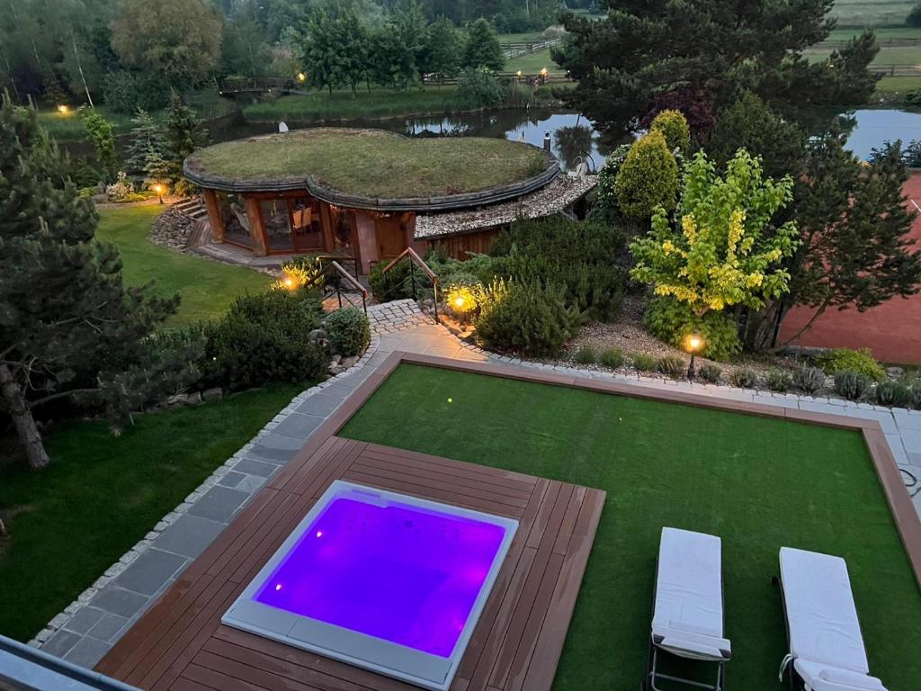 an aerial view of a backyard with a swimming pool at Luxury Gloria Garden in Występ